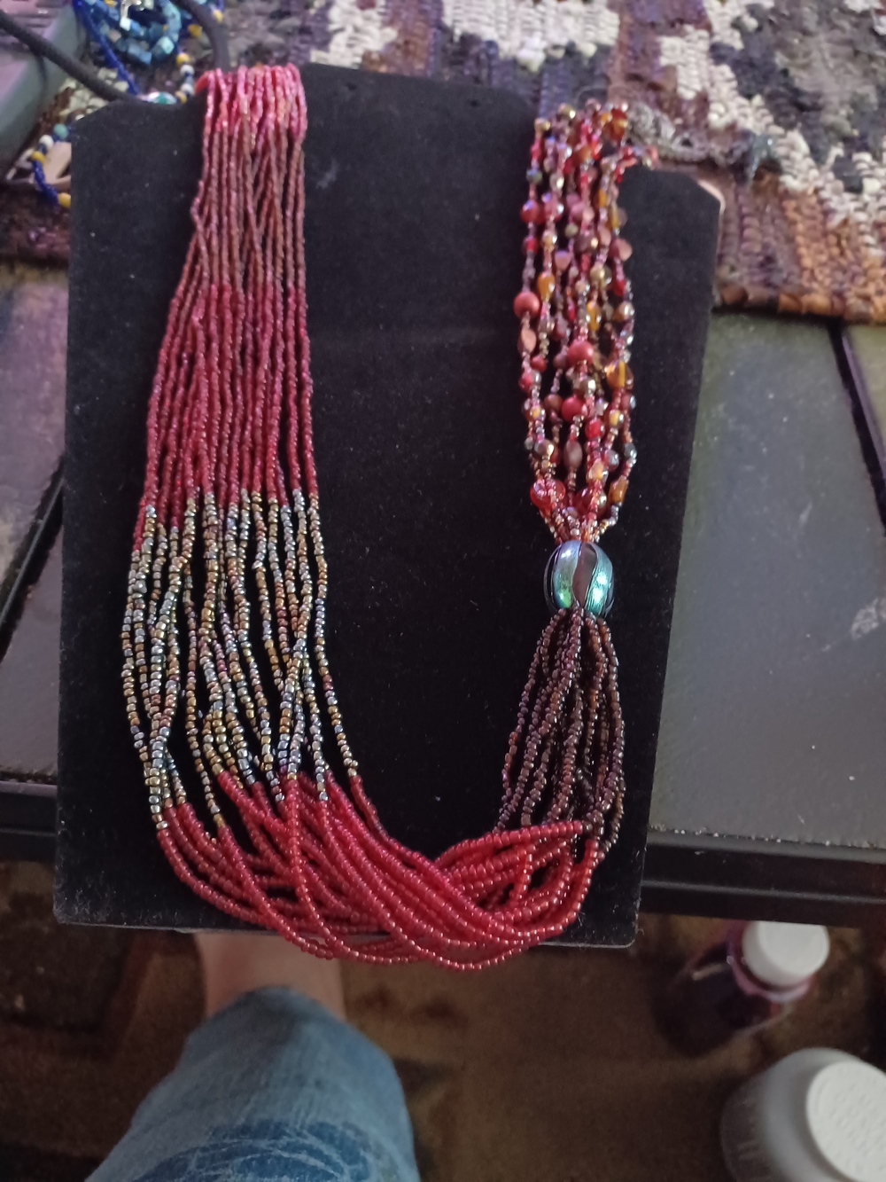 Handcrafted Multi-Strand Red Seed Bead Necklace with Accent Bead 30" Long.